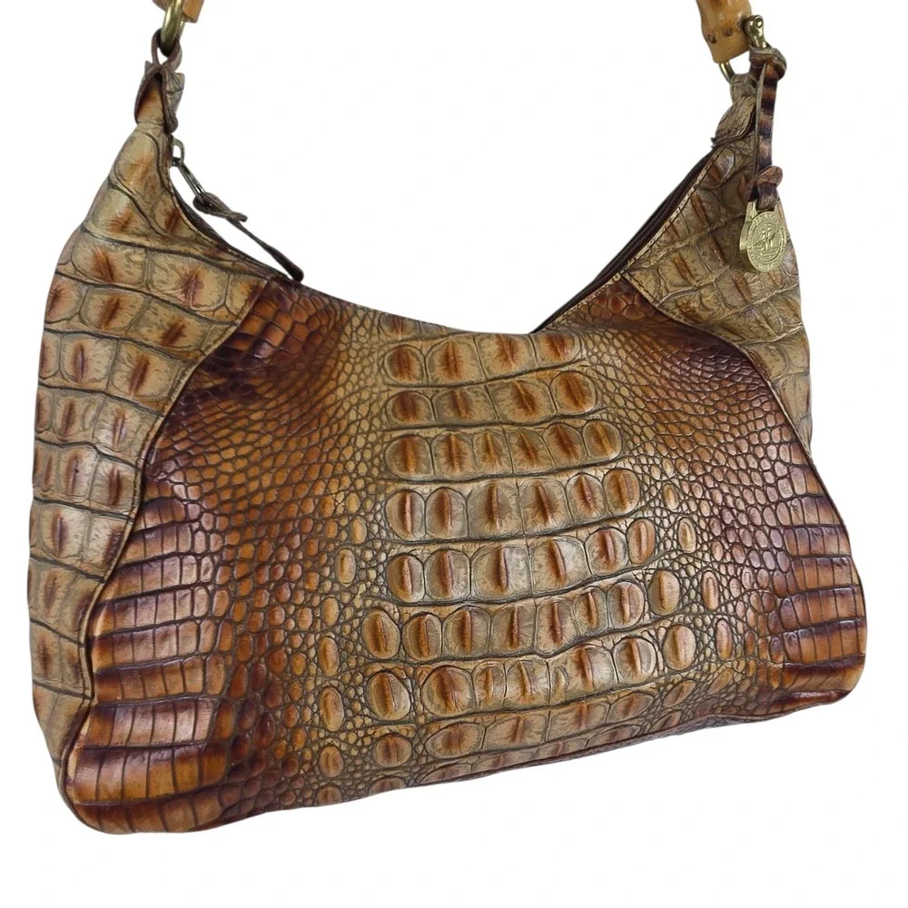 Vtg Brahmin Satchel Bamboo Top Handle Croc Embossed Cognac w Dust Bag READ